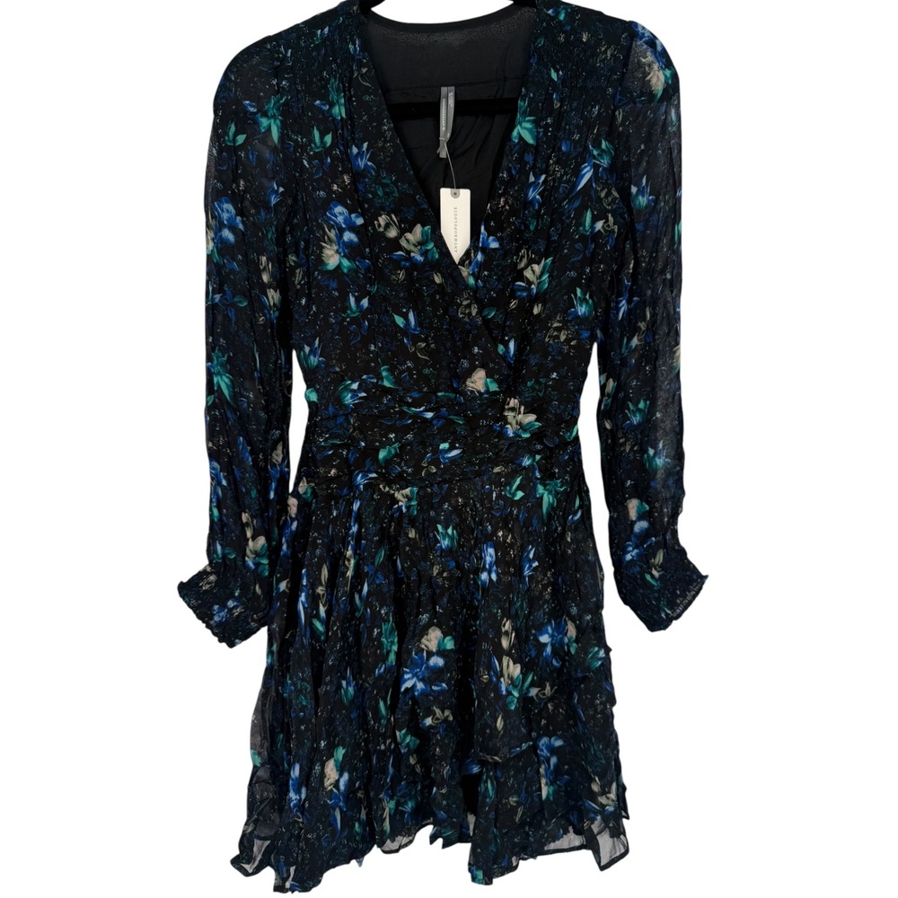 NWT Anthropologie Ruched Floral Mini Dress Black Blue Size XS Fairy Feminine - Picture 5 of 15